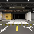 Modern Parking Garage Interior With Directional Arrows Floor Markings Ceiling Lighting And Elevator Signage