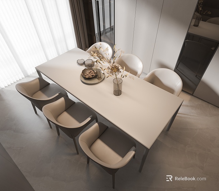 Modern Indoor Dining Table And Chairs Set With Floral Vase Decoration 3d model 