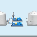 Industrial Equipment System For Fluid Handling Featuring White Storage Tanks Blue Pumps Pipes And Valves