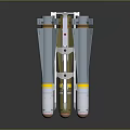 Three White Military Guided Missiles With Yellow Stripes And Brown Noses