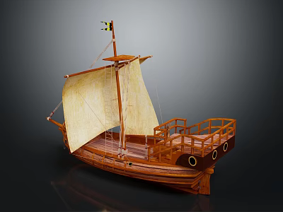 Wooden Sailing Ship Model Featuring Yellow Sails And Detailed Wooden Hull Design 3d model