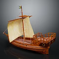 Wooden Sailing Ship Model Featuring Yellow Sails And Detailed Wooden Hull Design