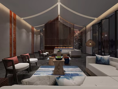 Hotel Public Lounge Area With Cozy Seating Fireplace Modern Rug And Wooden Accents 3d model