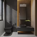 Modern Bathroom Interior Design With Black Toilet Wall-Mounted Sink Mirror And Green Plant