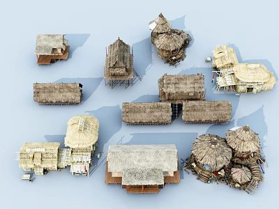 Traditional Thatched Houses With Various Roof Designs And Rural Architectural Structures 3d model