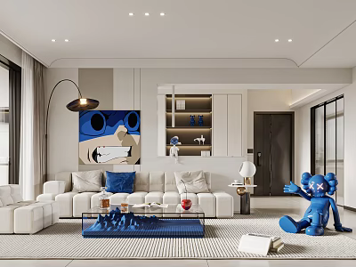 Modern Living Dining Room Interior Design With White Sofa Blue Figurines And Wall Art 3d model
