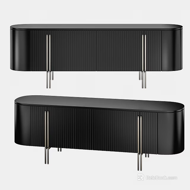 Black Modern TV Stand With Ribbed Front Design And Metal Legs 3d model 