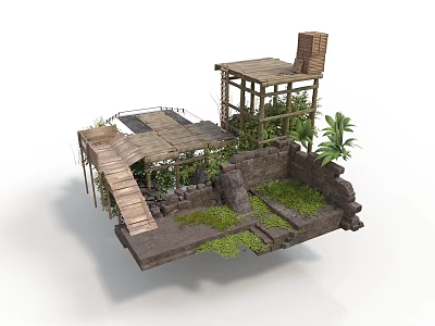 Rustic Outdoor Structure With Wooden Platforms Stone Walls And Lush Plants 3d model