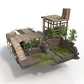 Rustic Outdoor Structure With Wooden Platforms Stone Walls And Lush Plants