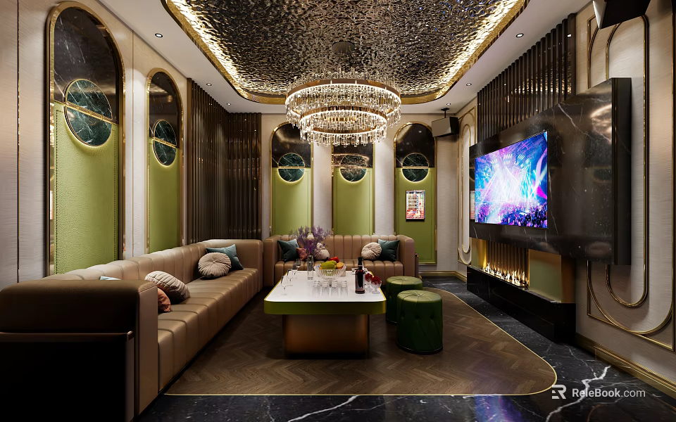 Modern KTV Lounge Interior With Green Walls Circular Mirrors Brown Sofas And Large Screen TV 3d model 