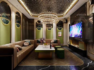 Modern KTV Lounge Interior With Green Walls Circular Mirrors Brown Sofas And Large Screen TV 3d model