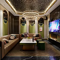 Modern KTV Lounge Interior With Green Walls Circular Mirrors Brown Sofas And Large Screen TV