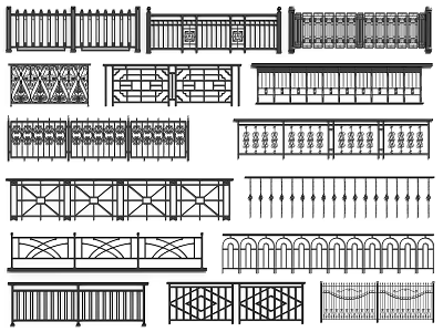 Various Decorative Fence Designs Featuring Iron Railings And Geometric Patterns 3d model
