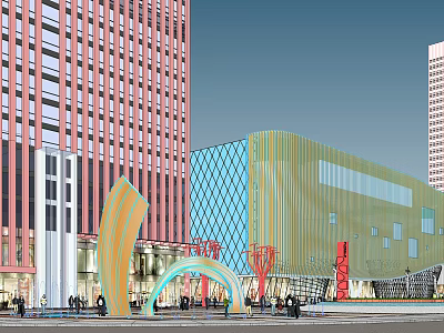 Urban Square Landscape With Modern Architectural Buildings Colorful Arch Structures And Pedestrians 3d model