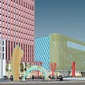 Urban Square Landscape With Modern Architectural Buildings Colorful Arch Structures And Pedestrians