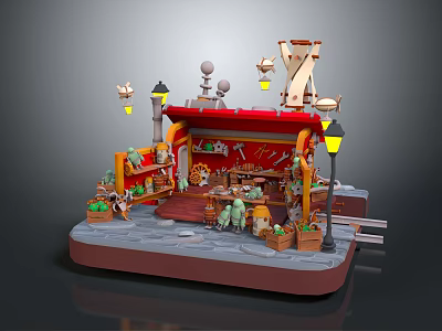 Cartoon Market Stall Scene with Red Awning Street Lamps Tools Plants and Wooden Platform 3d model