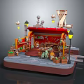 Cartoon Market Stall Scene with Red Awning Street Lamps Tools Plants and Wooden Platform