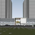 Modern Sales Office Building With Glass Curtain Walls Urban Street Pedestrians And Vehicles