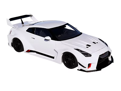 White Sports Car With Large Rear Spoiler Black Wheels And Body Stripes 3d model