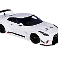 White Sports Car With Large Rear Spoiler Black Wheels And Body Stripes