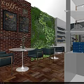 Specialty Store Interior With Living Plant Wall Brick Wall Shelves Seating Area And Logo Sign