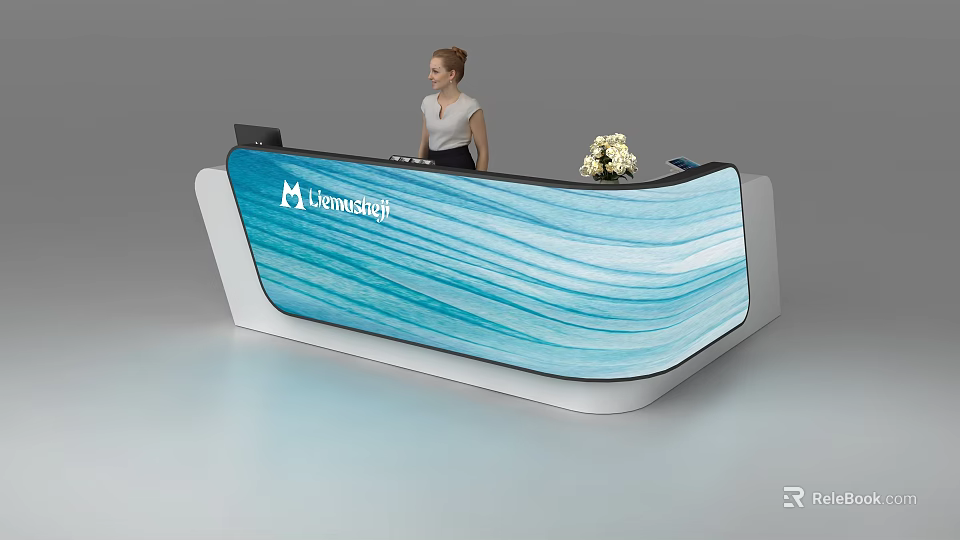 Modern Reception Desk With Blue Wavy Surface And Receptionist With Flowers 3d model