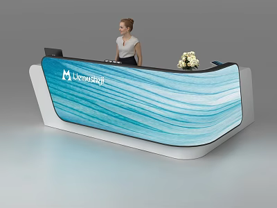 Modern Reception Desk With Blue Wavy Surface And Receptionist With Flowers 3d model