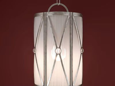 Silver Geometric Pendant Light With Ribbed Glass Shade And Metal Frame 3d model