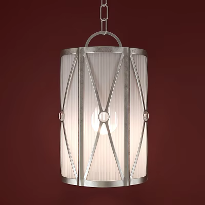 Silver Geometric Pendant Light With Ribbed Glass Shade And Metal Frame 3d model