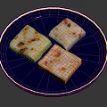 Delicious Square Pastry Snacks With Red Toppings On Blue Round Plate 3d model