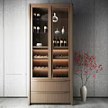 Modern Wooden Wine Cabinet Featuring Glass Doors Wine Bottles And Red Flower Vase