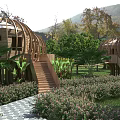 Dome Shaped Wooden House With Wooden Stairs Stone Path And Lush Greenery