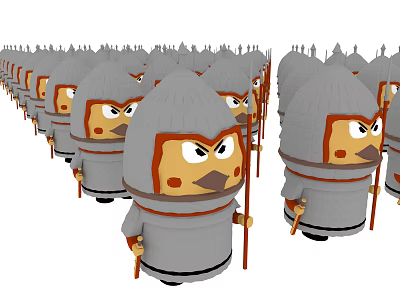Cartoon Style Soldier Sculptures with Gray Armor Helmets and Spears in Neat Formation 3d model