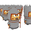 Cartoon Style Soldier Sculptures with Gray Armor Helmets and Spears in Neat Formation