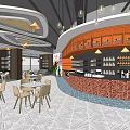 Modern Café Interior Design With Curved Brick Counter Wooden Tables Chairs And Ceiling Lights