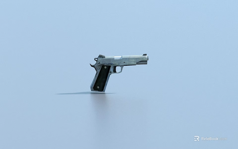 Silver Pistol With Black Grip Displayed On Smooth Surface Light Blue Background 3d model 