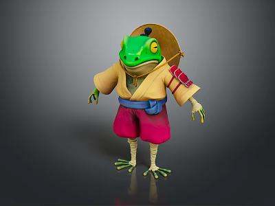 Reptile in Kimono with Straw Hat Green Body Yellow Eyes Blue Sash and Pink Pants 3d model