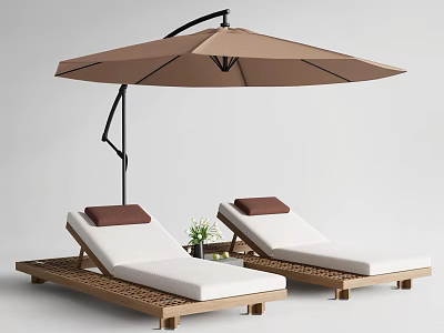 Outdoor Wooden Lounge Chairs With White Cushions Brown Headrests And Patio Umbrella 3d model
