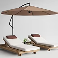 Outdoor Wooden Lounge Chairs With White Cushions Brown Headrests And Patio Umbrella