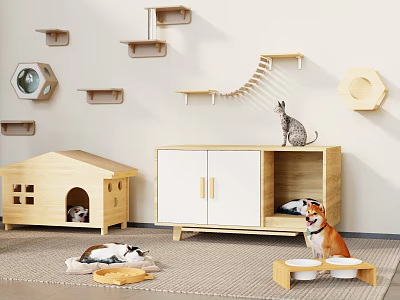 Pet Friendly Living Room Interior With Cat Shelves Dog House And Pet Beds 3d model