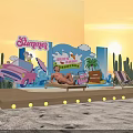 Summer Themed Photo Spot Featuring Pink Car Beach Chairs Cacti Palm Tree And Lights