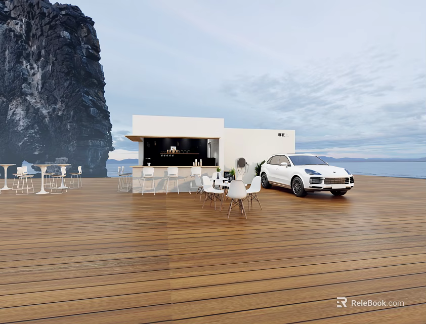 Seaside Liquor Store White Building on Wooden Deck with Ocean View and Outdoor Seating 3d model 