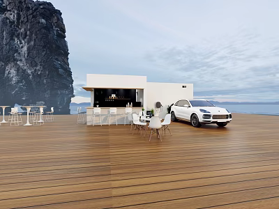 Seaside Liquor Store White Building on Wooden Deck with Ocean View and Outdoor Seating 3d model