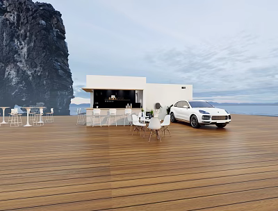 Seaside Liquor Store White Building on Wooden Deck with Ocean View and Outdoor Seating 3d model
