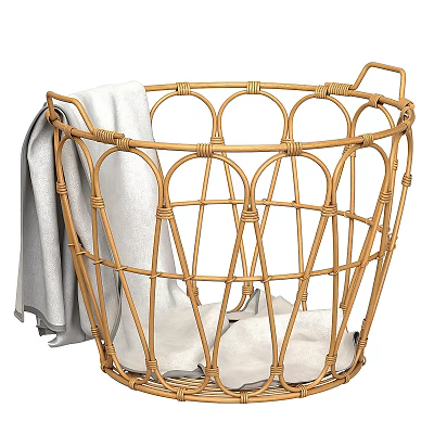Rattan Laundry Basket With White Cloth And Gray Towel For Laundry Essentials 3d model