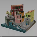 Vibrant Colored Buildings with Small Bridge Water and Boat in Miniature Model