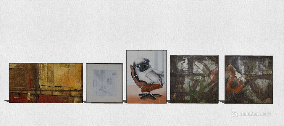 Various Art Paintings Collection with Different Styles on White Wall 3d model 