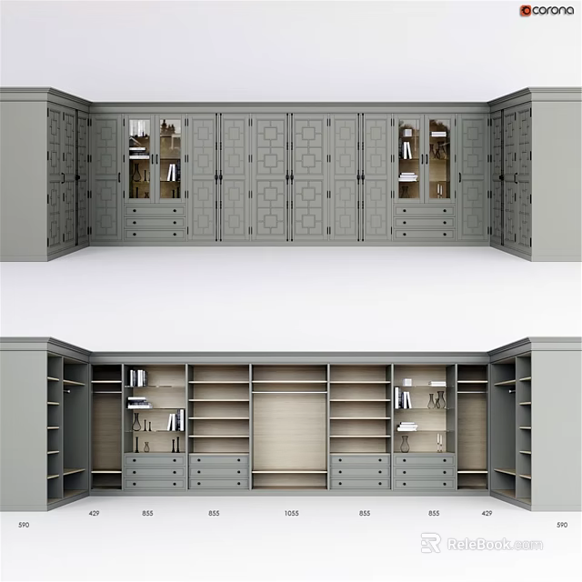 Gray Modern Dresser Storage System With Cabinets Drawers And Open Shelves 3d model 