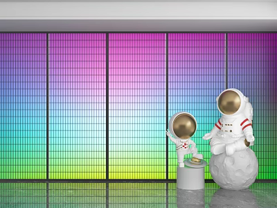 Bright Colorful Gradient Striped Grid Background Wall With Astronaut Statues Placed In Front 3d model