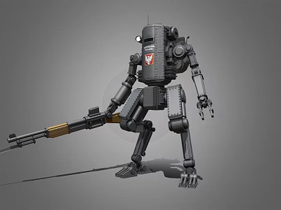 Smart Machine Standing With Mechanical Metallic Body Holding Long Gun In Black Design 3d model